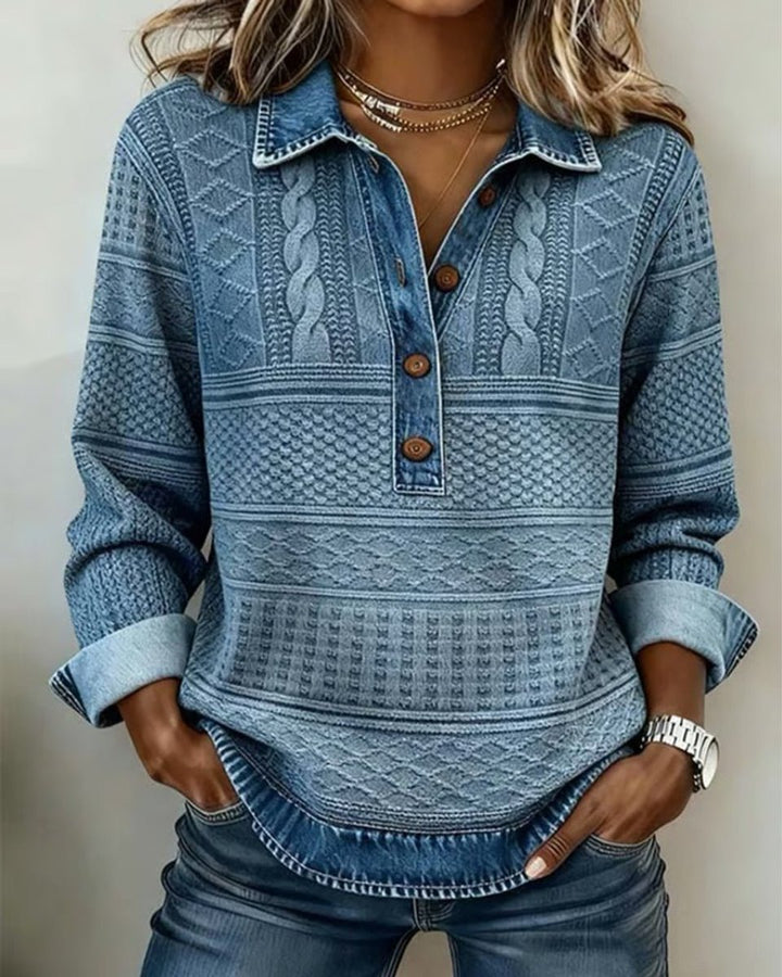 Women's Relaxed-Fit Cable-Knit Half-Button Denim-Collar Jumper