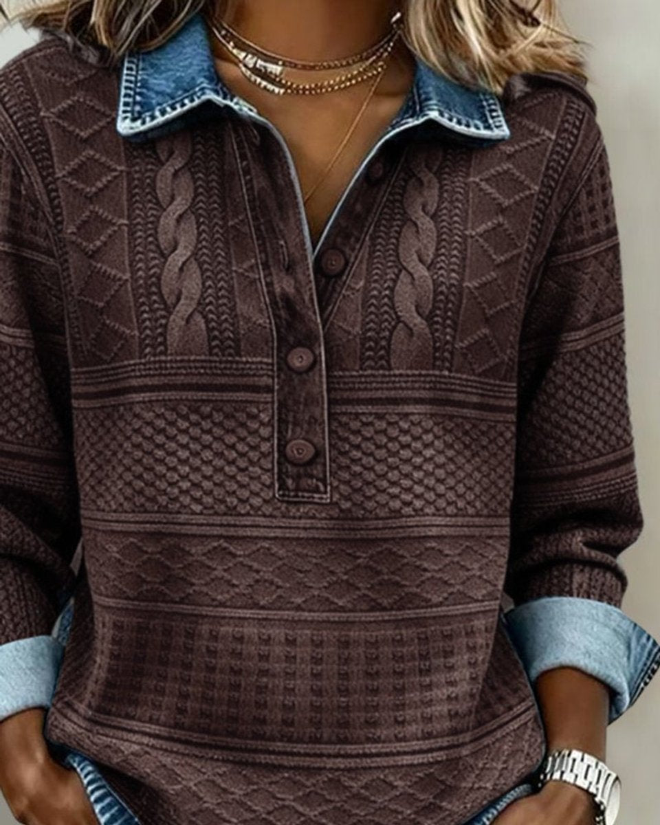 Women's Relaxed-Fit Cable-Knit Half-Button Denim-Collar Jumper