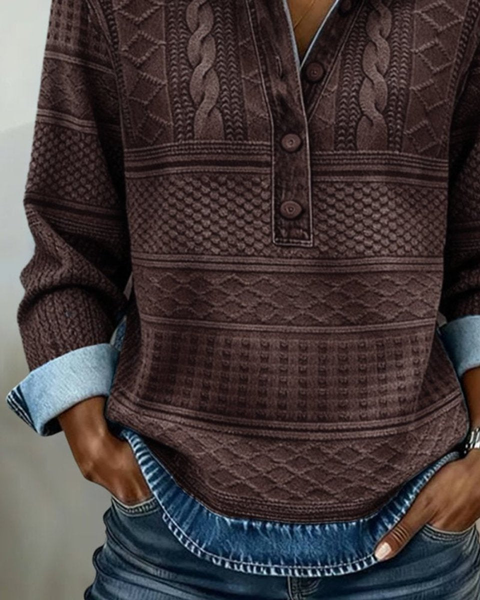 Women's Relaxed-Fit Cable-Knit Half-Button Denim-Collar Jumper