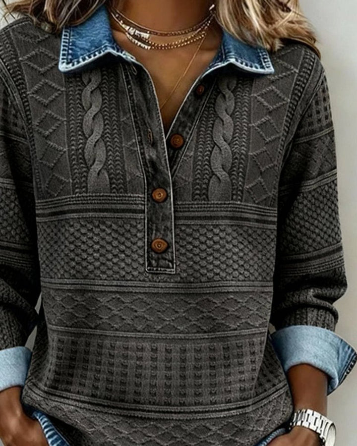 Women's Relaxed-Fit Cable-Knit Half-Button Denim-Collar Jumper