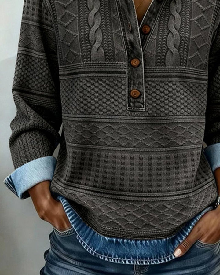 Women's Relaxed-Fit Cable-Knit Half-Button Denim-Collar Jumper