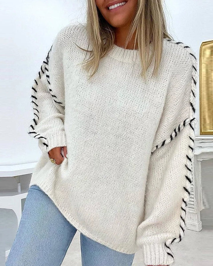 Women's Relaxed-Fit Contrast-Stitch Knitted Sweater Jumper
