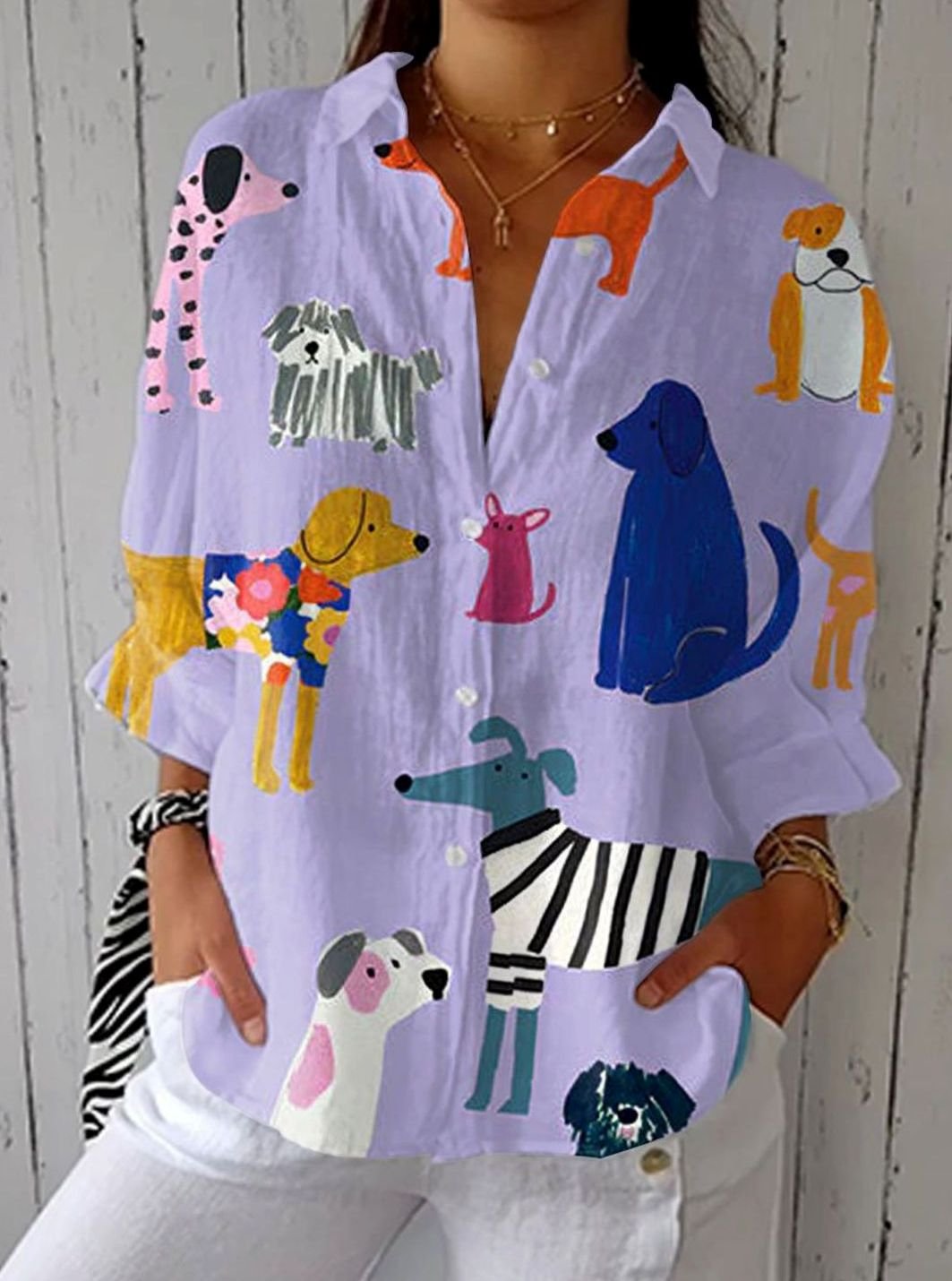 Women's Relaxed-Fit Dog Print Long-Sleeve Button-Up Blouse