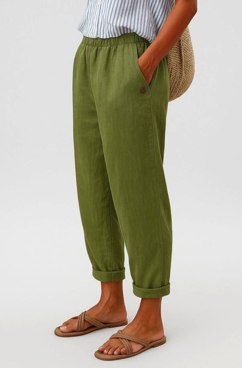 Women's Relaxed-Fit Elastic-Waist Tapered Trousers Side Pockets