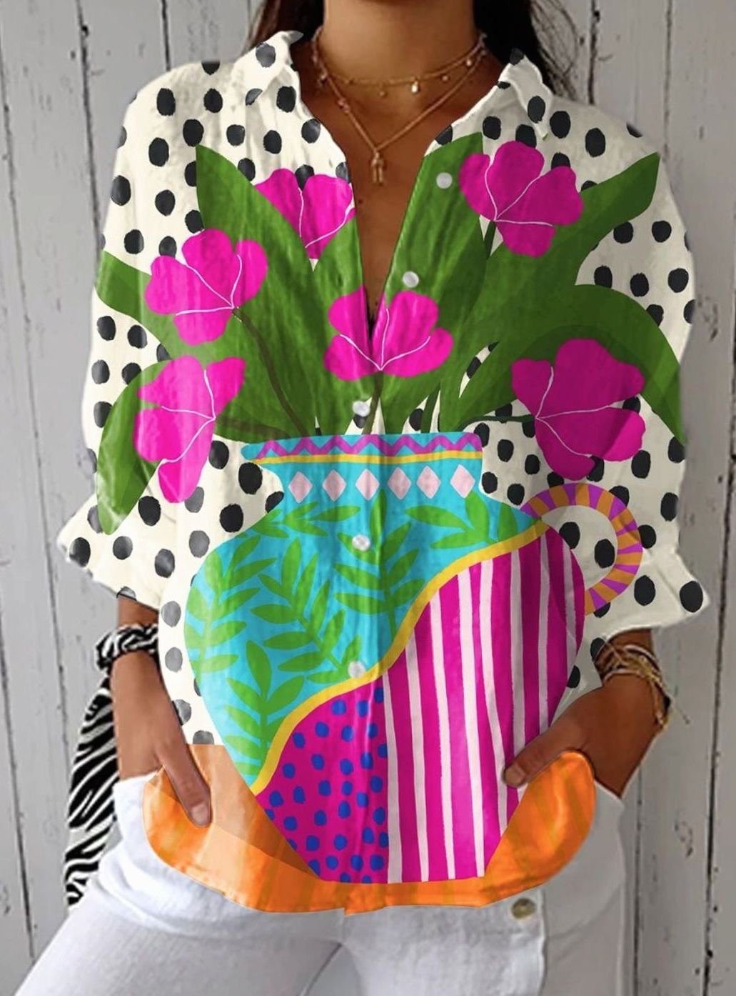 Women's Relaxed-Fit Floral Vase Print Button-Up Blouse