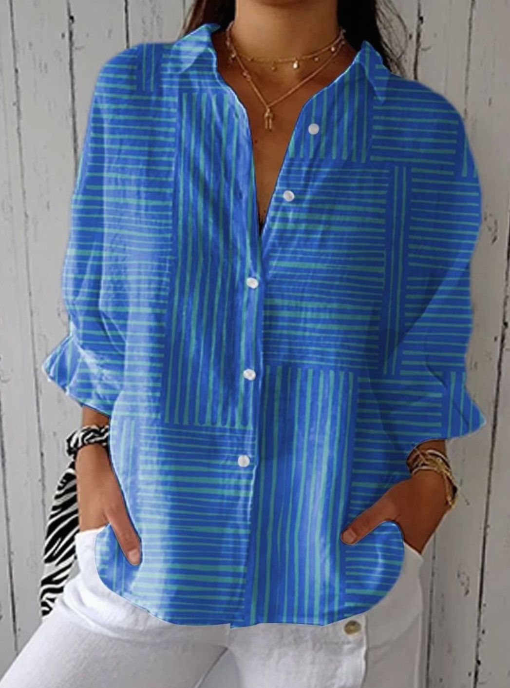 Women's Relaxed-Fit Geometric Stripe Long-Sleeve Button-Up Blouse