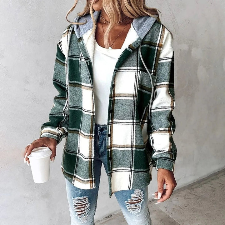 Women's Relaxed-Fit Hooded Plaid Shacket Jacket