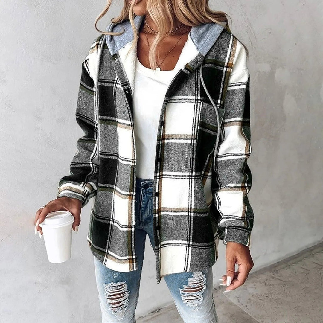 Women's Relaxed-Fit Hooded Plaid Shacket Jacket