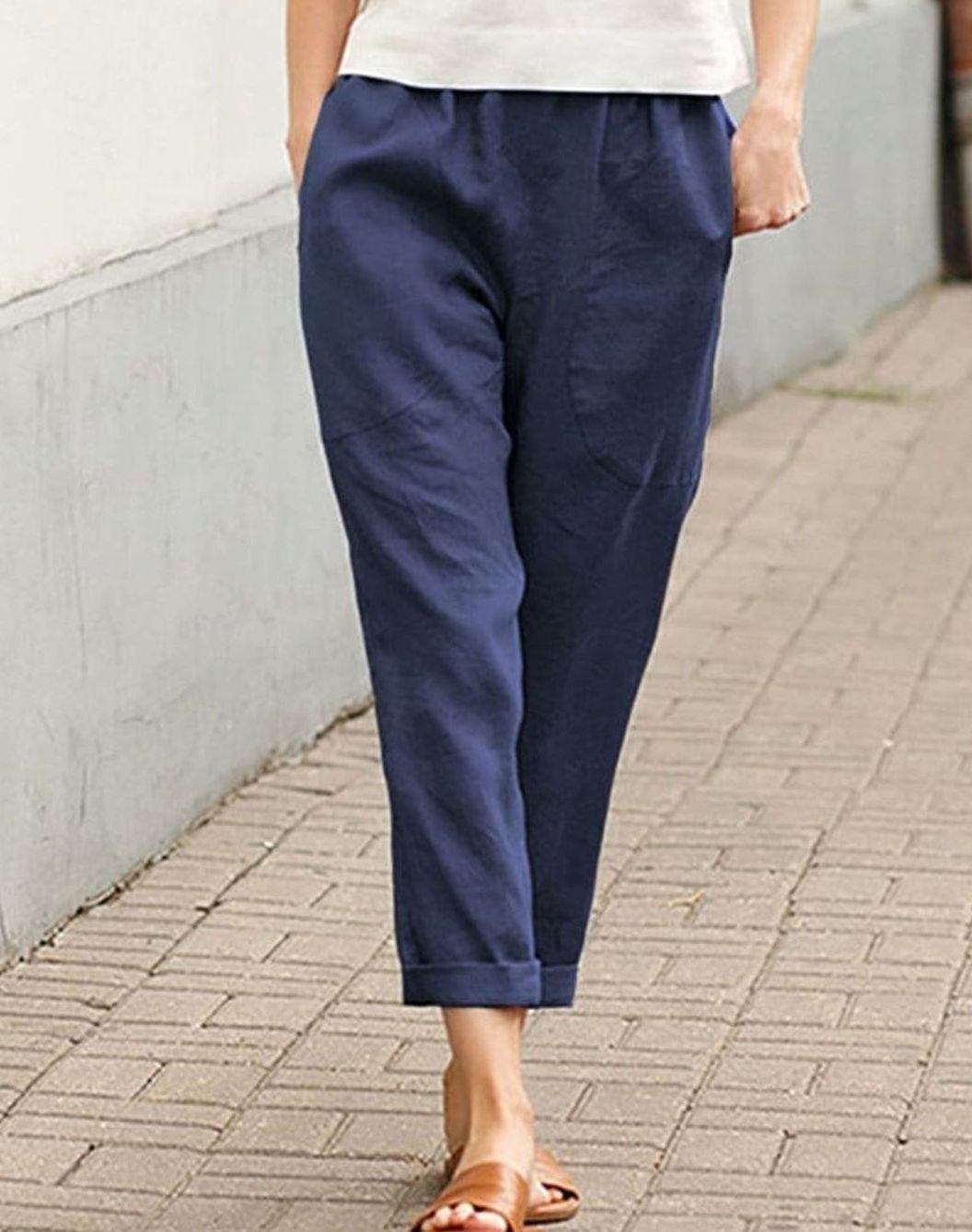 Women's Relaxed-Fit Linen-Cotton Elasticated Waist Harem Trousers