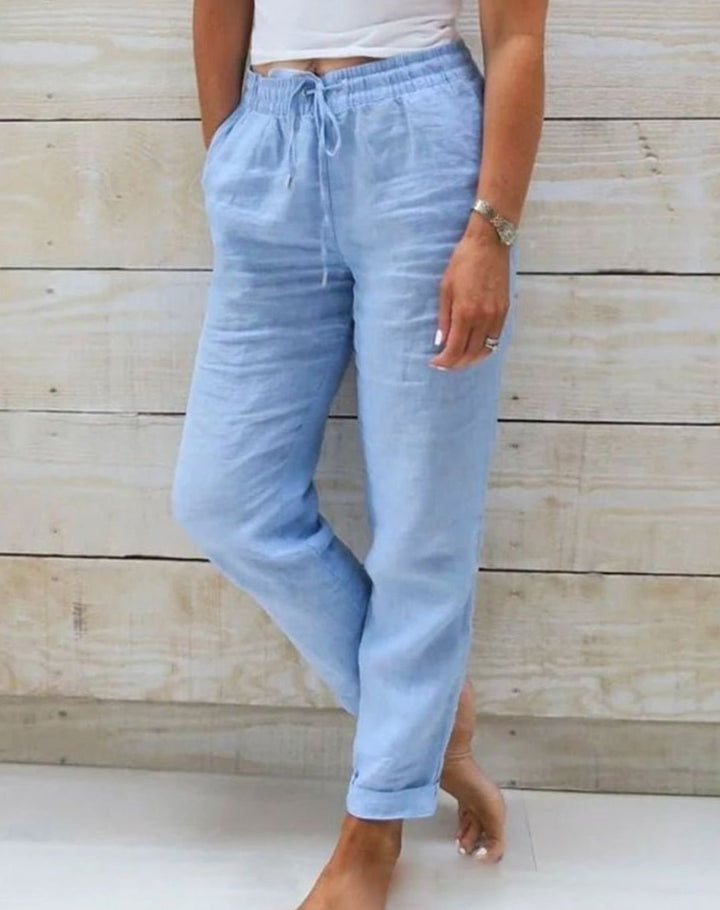 Women's Relaxed-Fit Linen Drawstring Elasticated-Waist Straight-Leg Trousers
