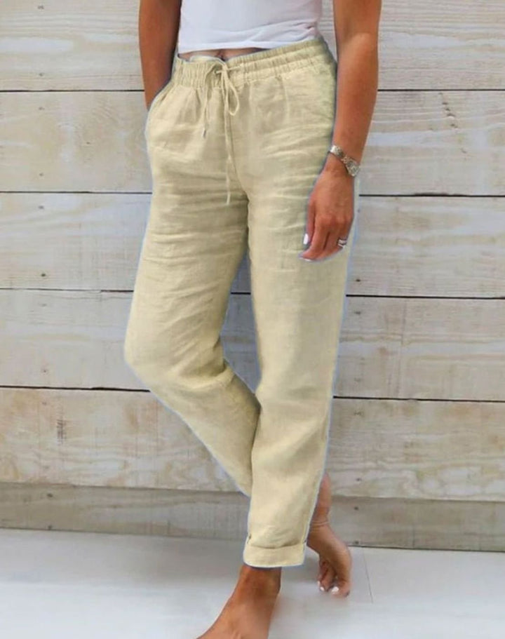 Women's Relaxed-Fit Linen Drawstring Elasticated-Waist Straight-Leg Trousers