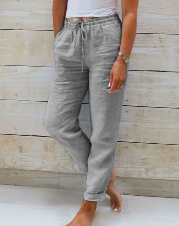 Women's Relaxed-Fit Linen Drawstring Elasticated-Waist Straight-Leg Trousers
