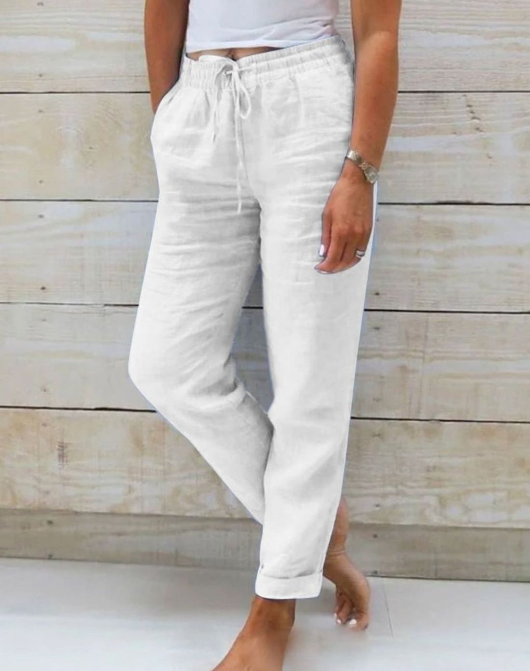 Women's Relaxed-Fit Linen Drawstring Elasticated-Waist Straight-Leg Trousers