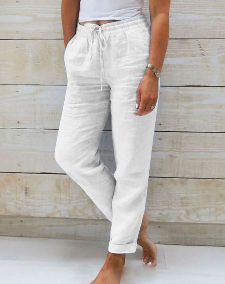 Women's Relaxed-Fit Linen Drawstring Elasticated-Waist Straight-Leg Trousers