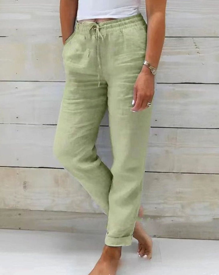 Women's Relaxed-Fit Linen Drawstring Elasticated-Waist Straight-Leg Trousers