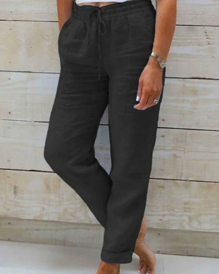 Women's Relaxed-Fit Linen Drawstring Elasticated-Waist Straight-Leg Trousers