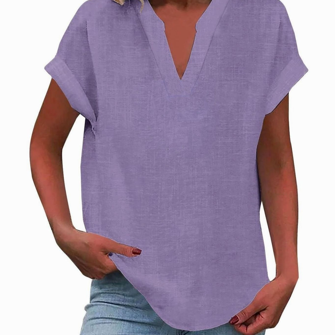Women's Relaxed-Fit V-Neck Linen-Look Short-Sleeve Blouse