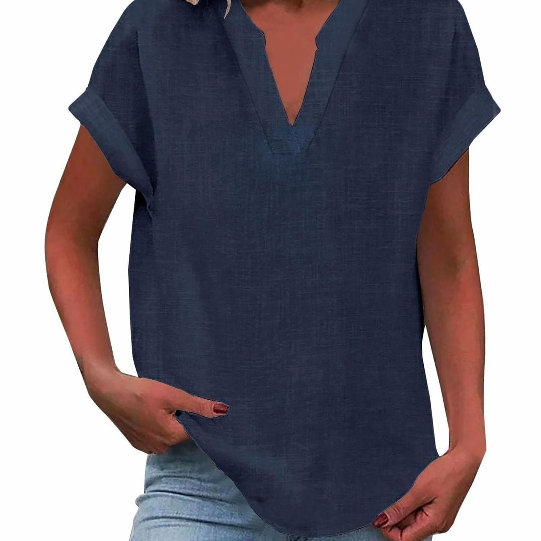 Women's Relaxed-Fit V-Neck Linen-Look Short-Sleeve Blouse