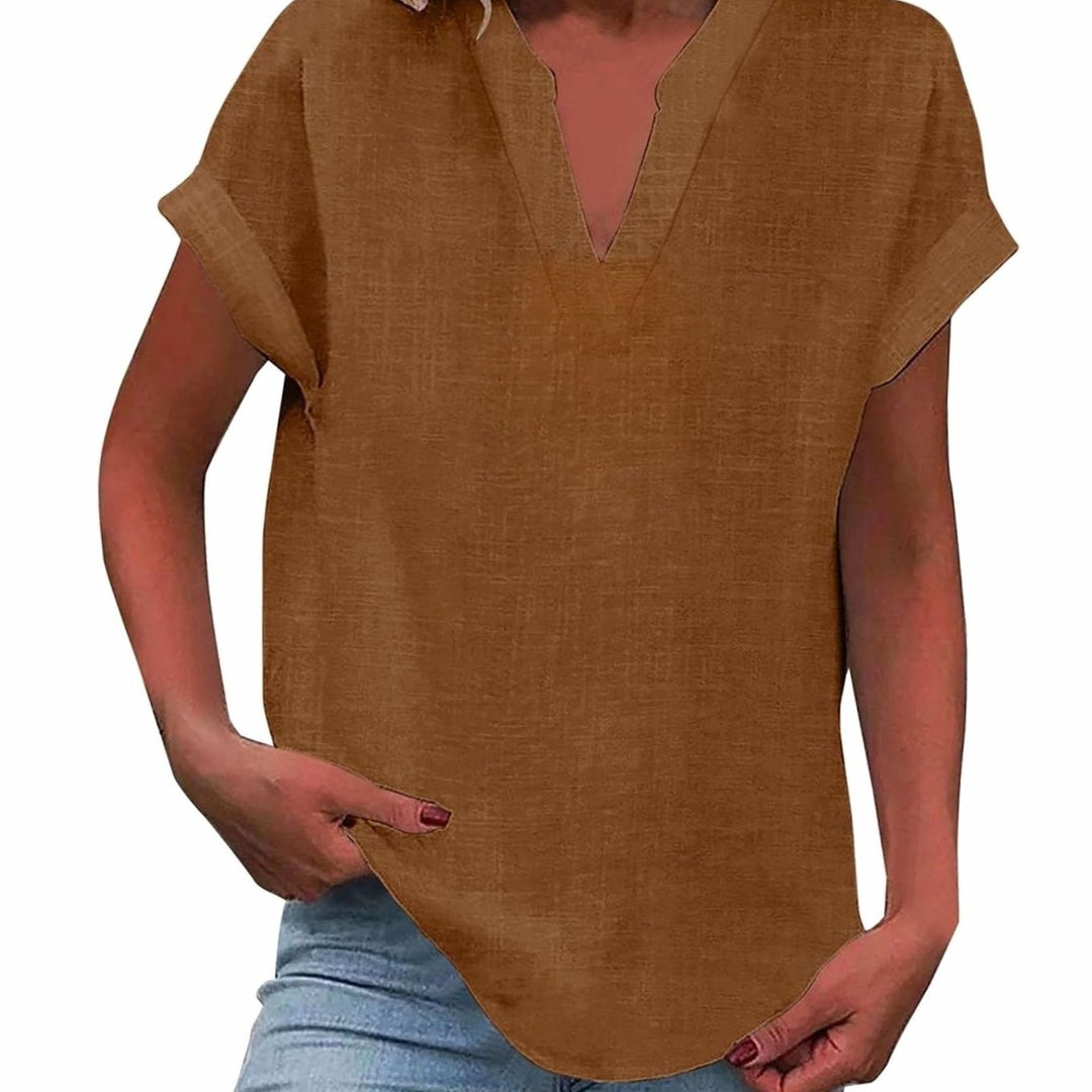 Women's Relaxed-Fit V-Neck Linen-Look Short-Sleeve Blouse