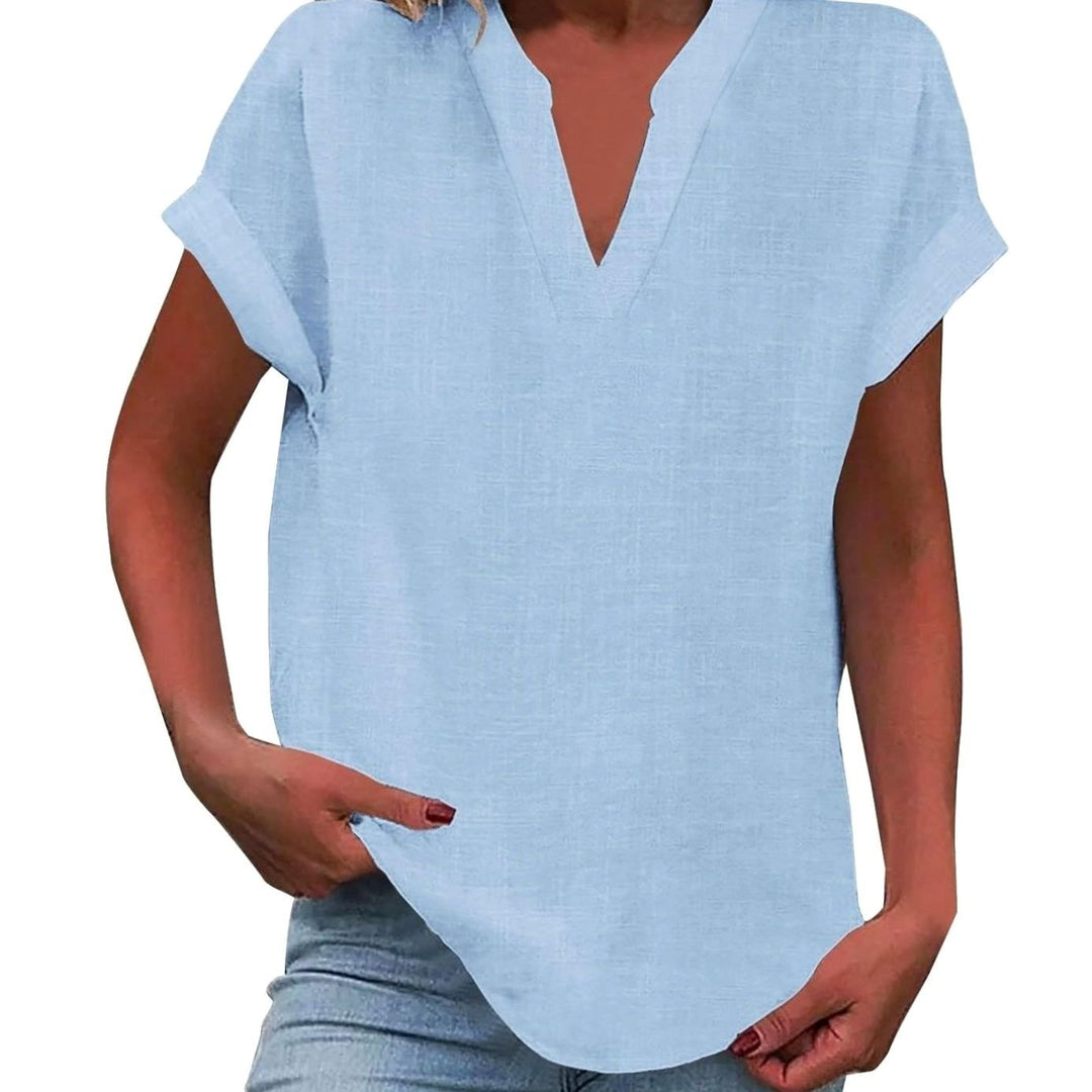 Women's Relaxed-Fit V-Neck Linen-Look Short-Sleeve Blouse