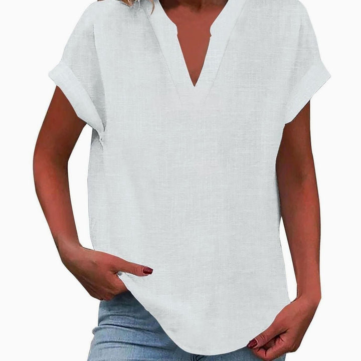 Women's Relaxed-Fit V-Neck Linen-Look Short-Sleeve Blouse