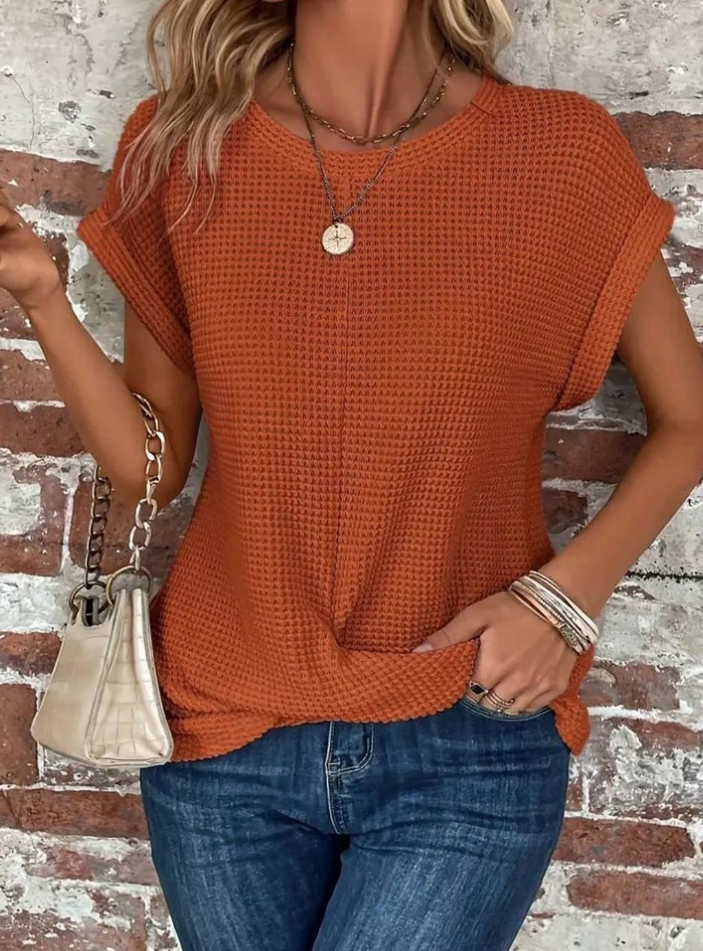 Women's Relaxed-Fit Waffle-Knit Short-Sleeve Round-Neck Top