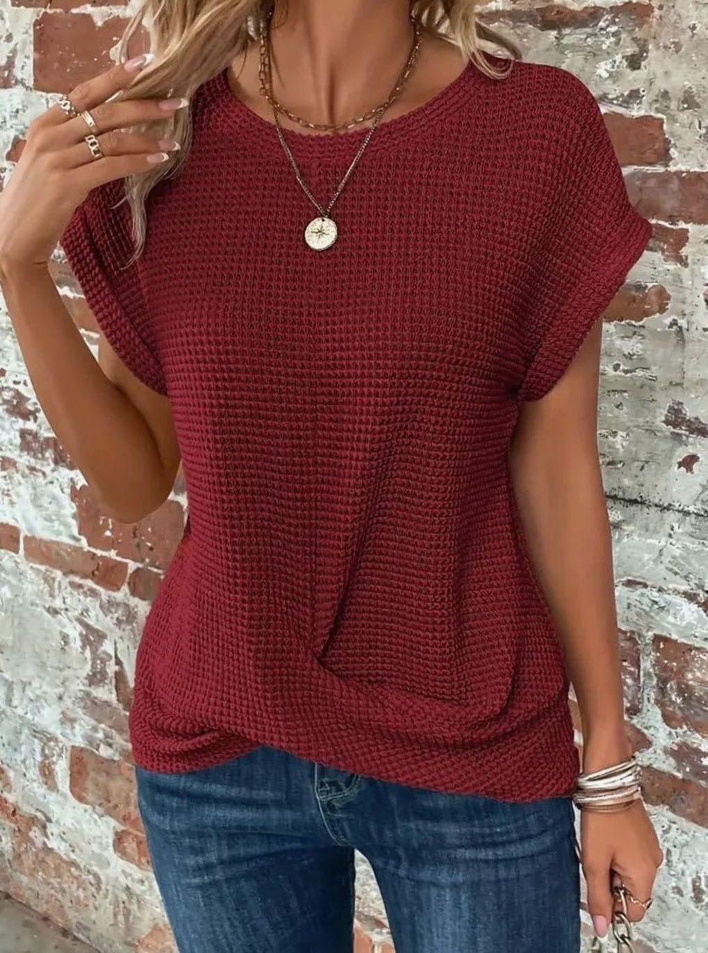 Women's Relaxed-Fit Waffle-Knit Short-Sleeve Round-Neck Top