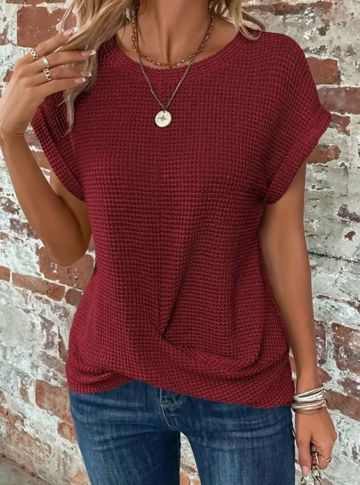 Women's Relaxed-Fit Waffle-Knit Short-Sleeve Round-Neck Top