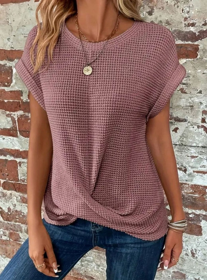 Women's Relaxed-Fit Waffle-Knit Short-Sleeve Round-Neck Top