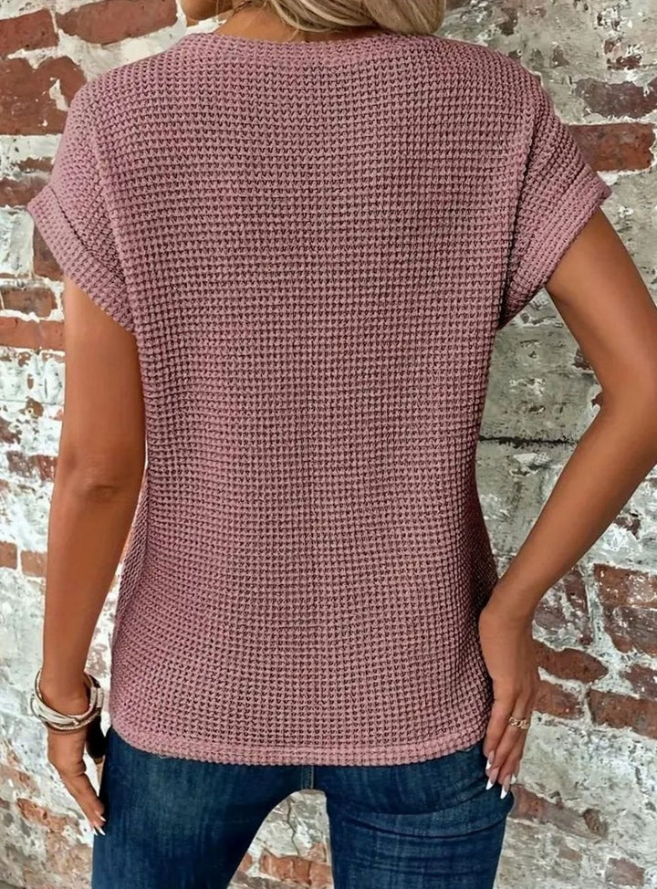 Women's Relaxed-Fit Waffle-Knit Short-Sleeve Round-Neck Top
