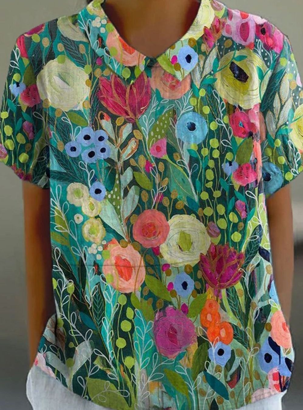 Women's Relaxed-Fit Watercolour Floral Short-Sleeve Blouse