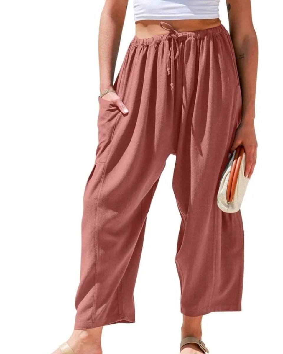 Women's Relaxed High-Waist Drawstring Wide Leg Trousers Linen Blend