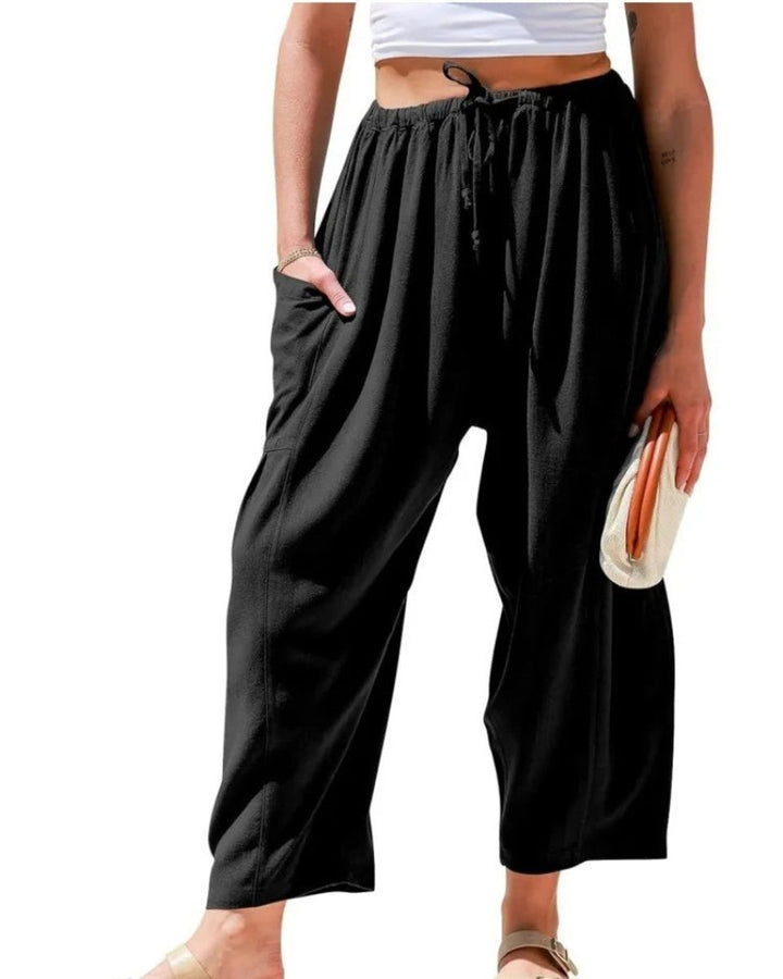 Women's Relaxed High-Waist Drawstring Wide Leg Trousers Linen Blend
