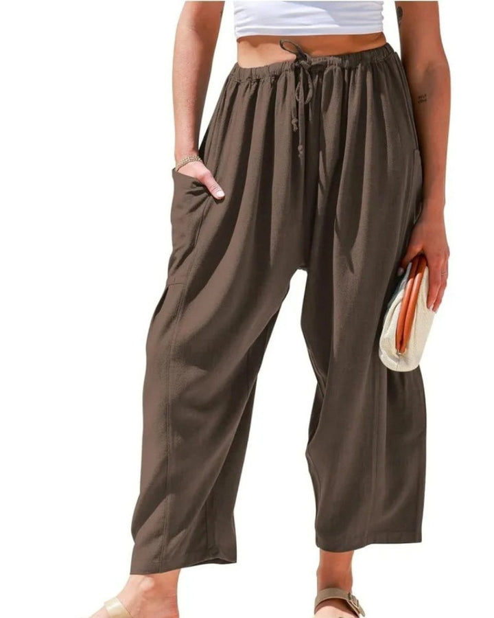 Women's Relaxed High-Waist Drawstring Wide Leg Trousers Linen Blend