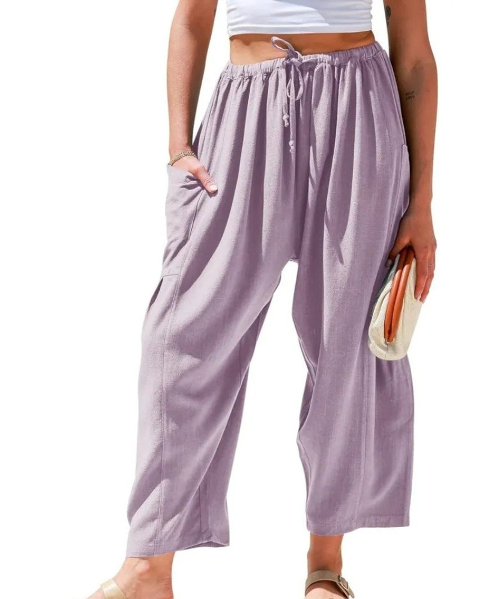 Women's Relaxed High-Waist Drawstring Wide Leg Trousers Linen Blend
