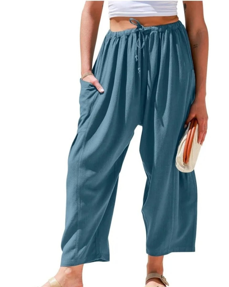 Women's Relaxed High-Waist Drawstring Wide Leg Trousers Linen Blend