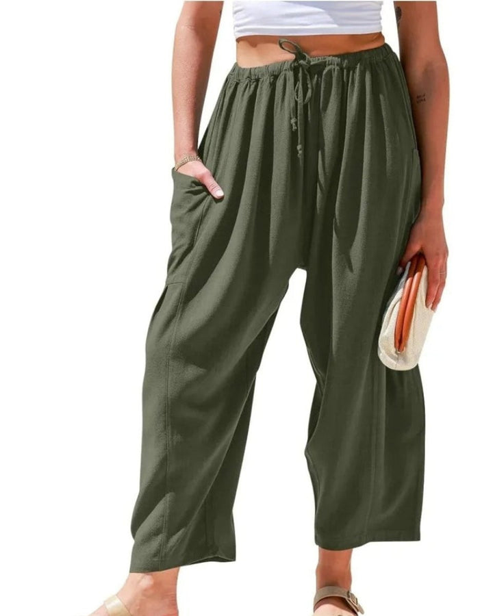 Women's Relaxed High-Waist Drawstring Wide Leg Trousers Linen Blend