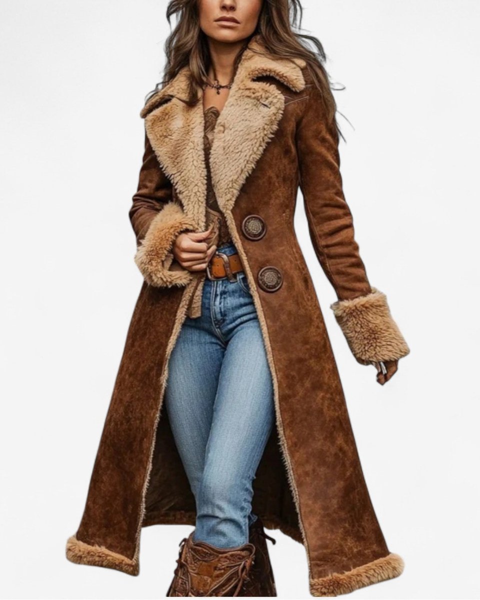 Women's Retro Shearling-Lined Long Faux Fur Coat Suede Trench