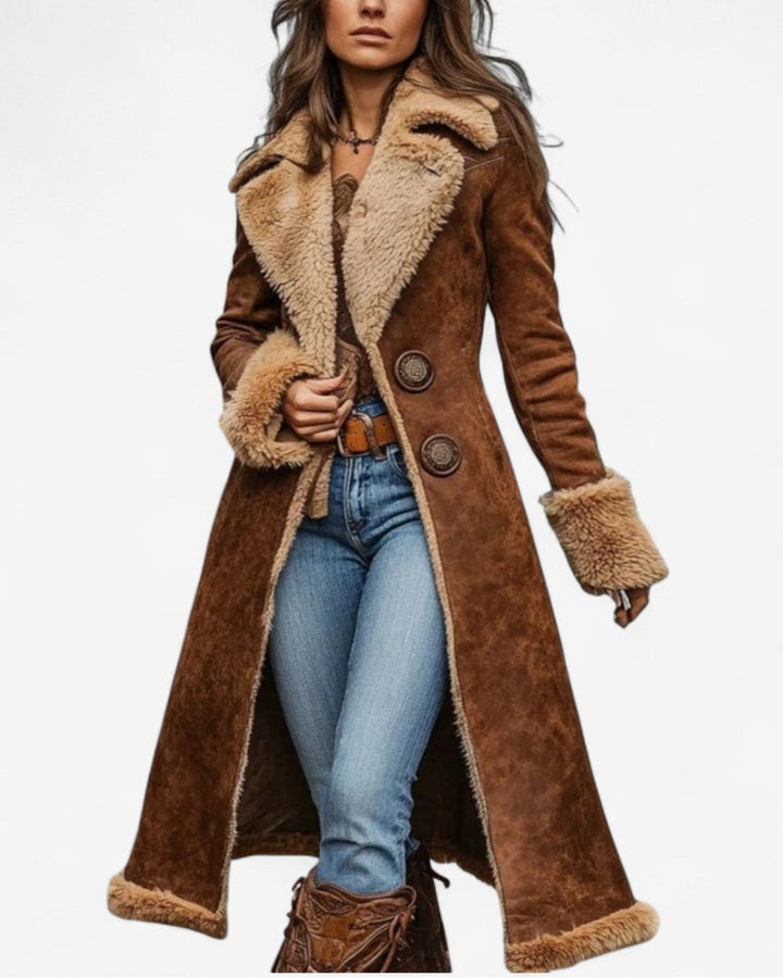 Women's Retro Shearling-Lined Long Faux Fur Coat Suede Trench