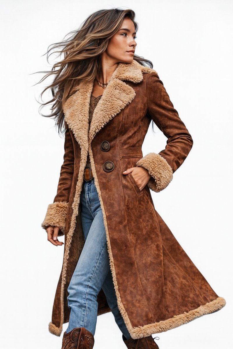 Women's Retro Shearling-Lined Long Faux Fur Coat Suede Trench