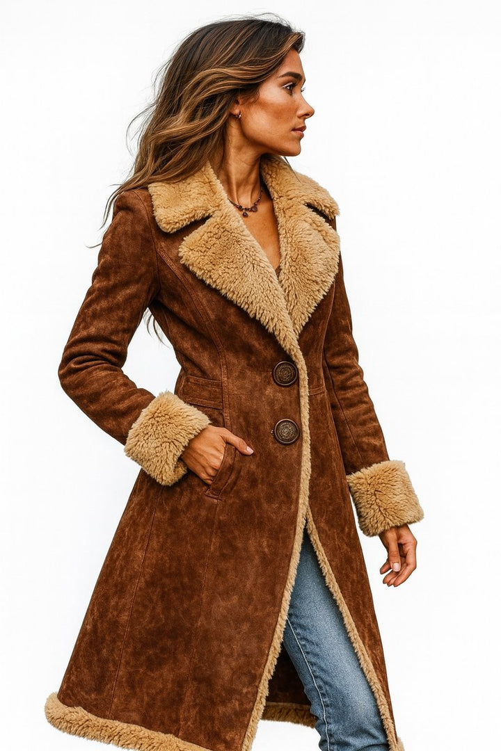 Women's Retro Shearling-Lined Long Faux Fur Coat Suede Trench