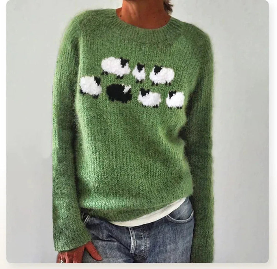 Women's Retro Sheep Intarsia Knitted Sweater Fluffy Mohair Jumper
