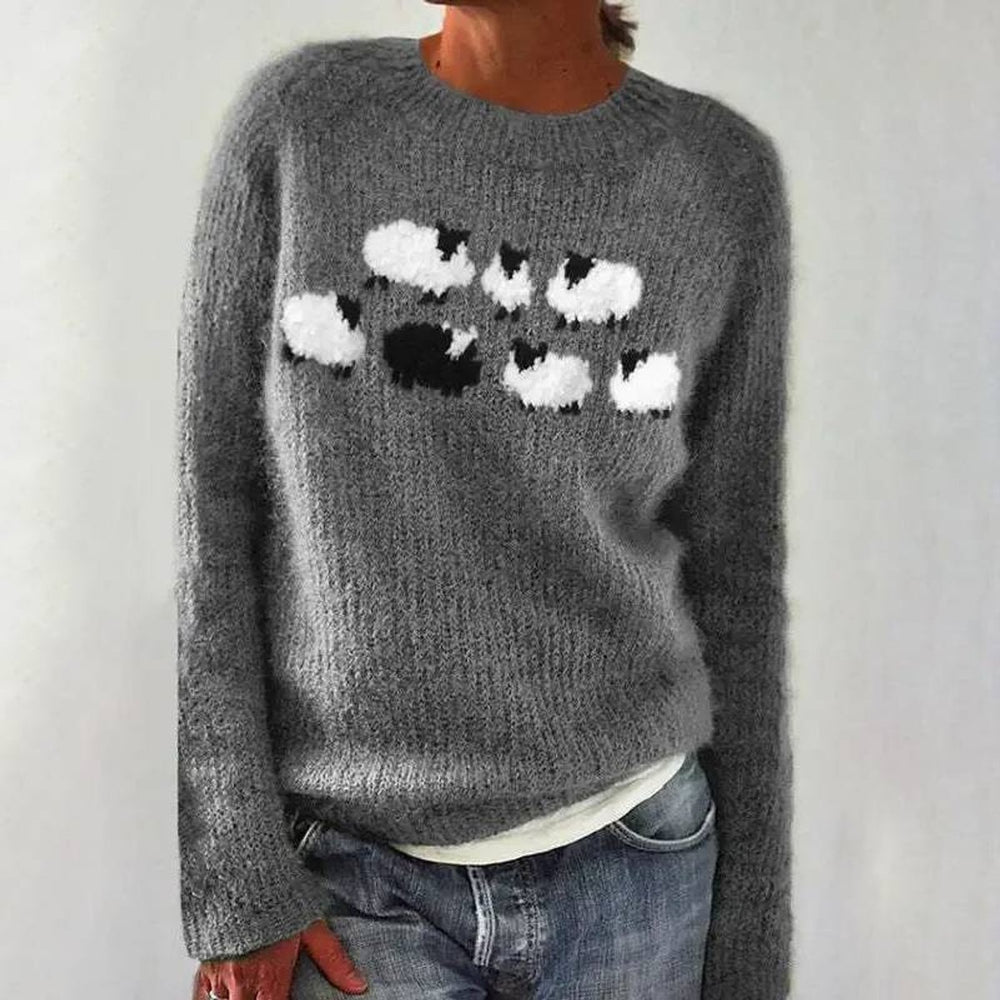 Women's Retro Sheep Intarsia Knitted Sweater Fluffy Mohair Jumper