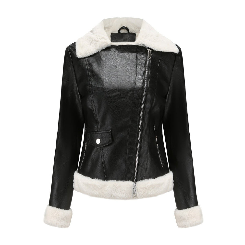 Women's Retro Sherpa-Lined Faux Fur Coat Cropped Biker Jacket
