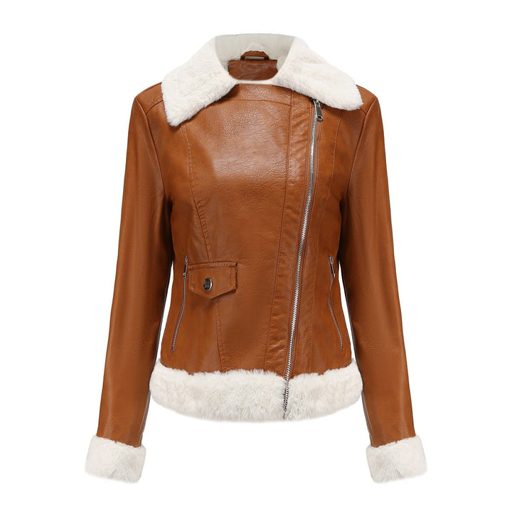 Women's Retro Sherpa-Lined Faux Fur Coat Cropped Biker Jacket