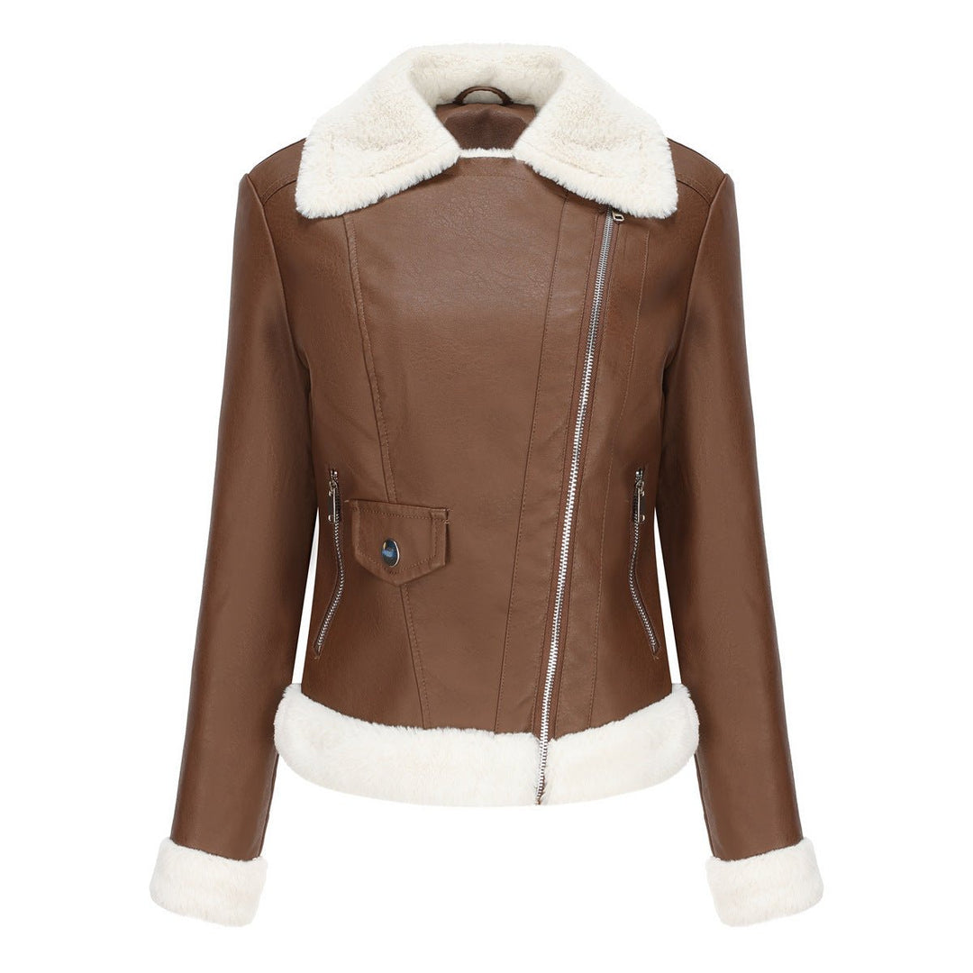 Women's Retro Sherpa-Lined Faux Fur Coat Cropped Biker Jacket