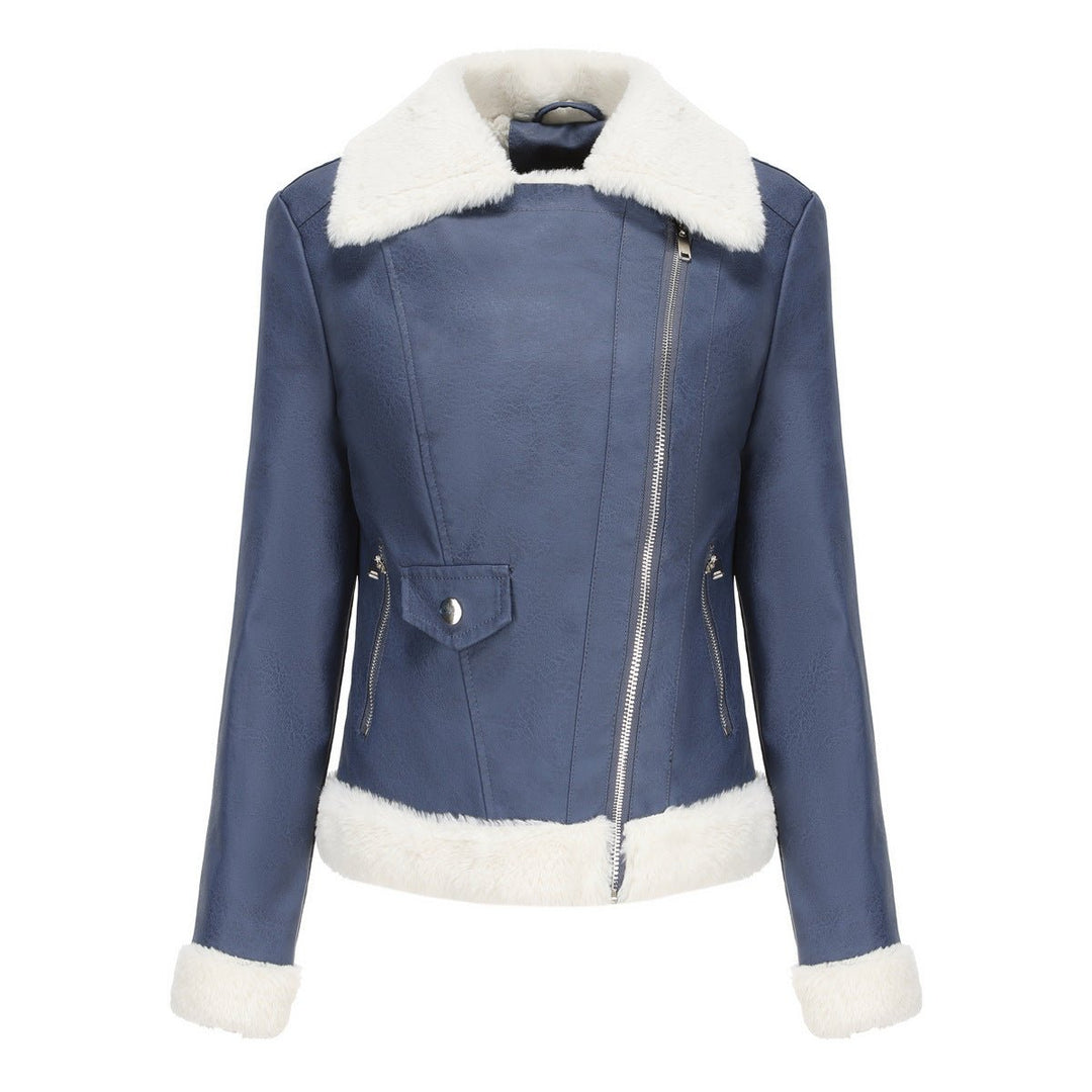 Women's Retro Sherpa-Lined Faux Fur Coat Cropped Biker Jacket