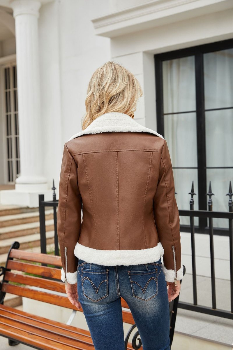 Women's Retro Sherpa-Lined Faux Fur Coat Cropped Biker Jacket