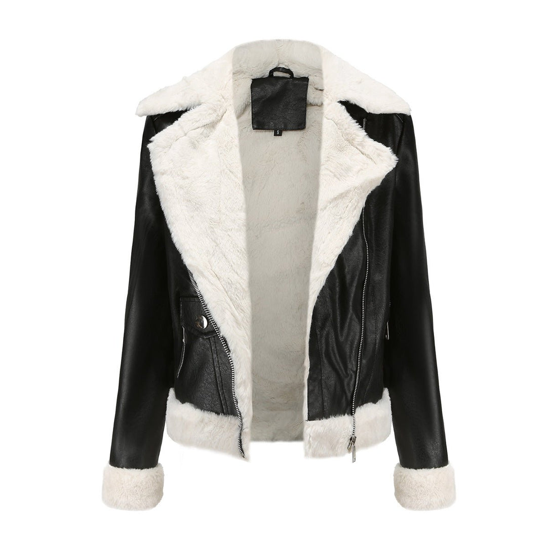 Women's Retro Sherpa-Lined Faux Fur Coat Cropped Biker Jacket