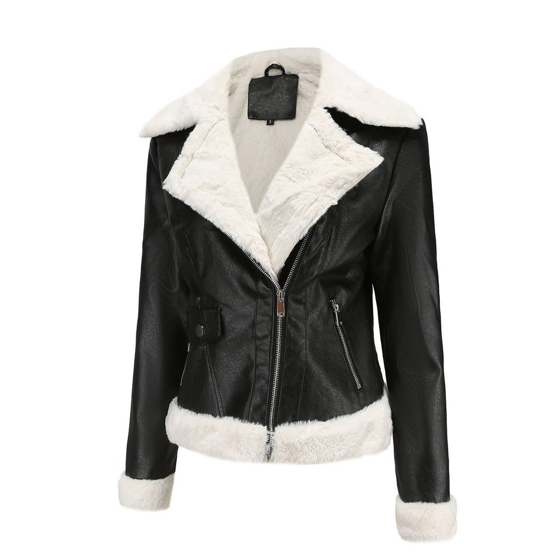 Women's Retro Sherpa-Lined Faux Fur Coat Cropped Biker Jacket